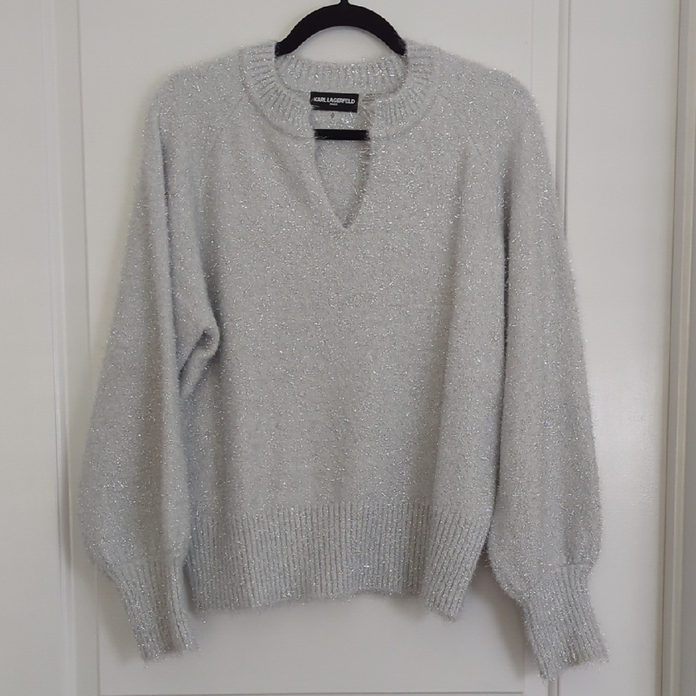 Karl Lagerfeld Silver V-Neck Sweater Relaxed Fit
